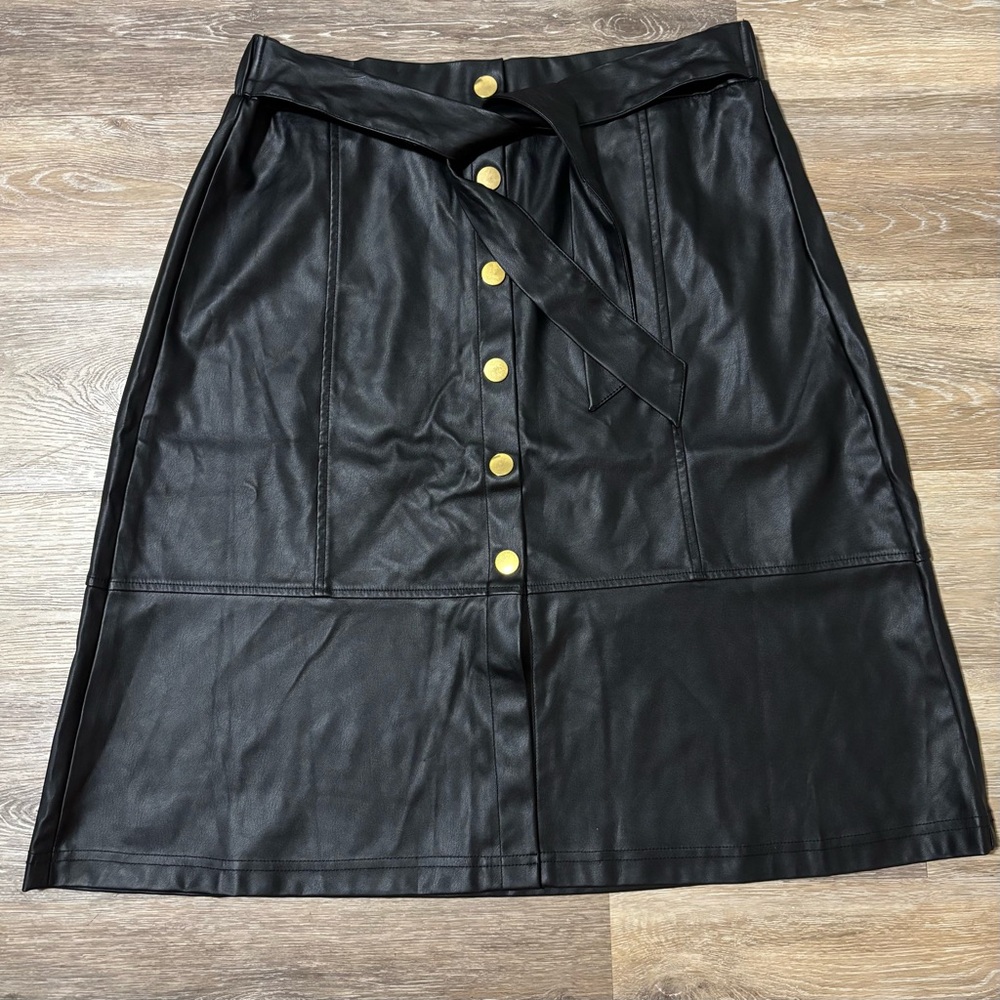Like an Angel Black A-Line Faux Leather Skirt with Gold Buttons | Womens 1X